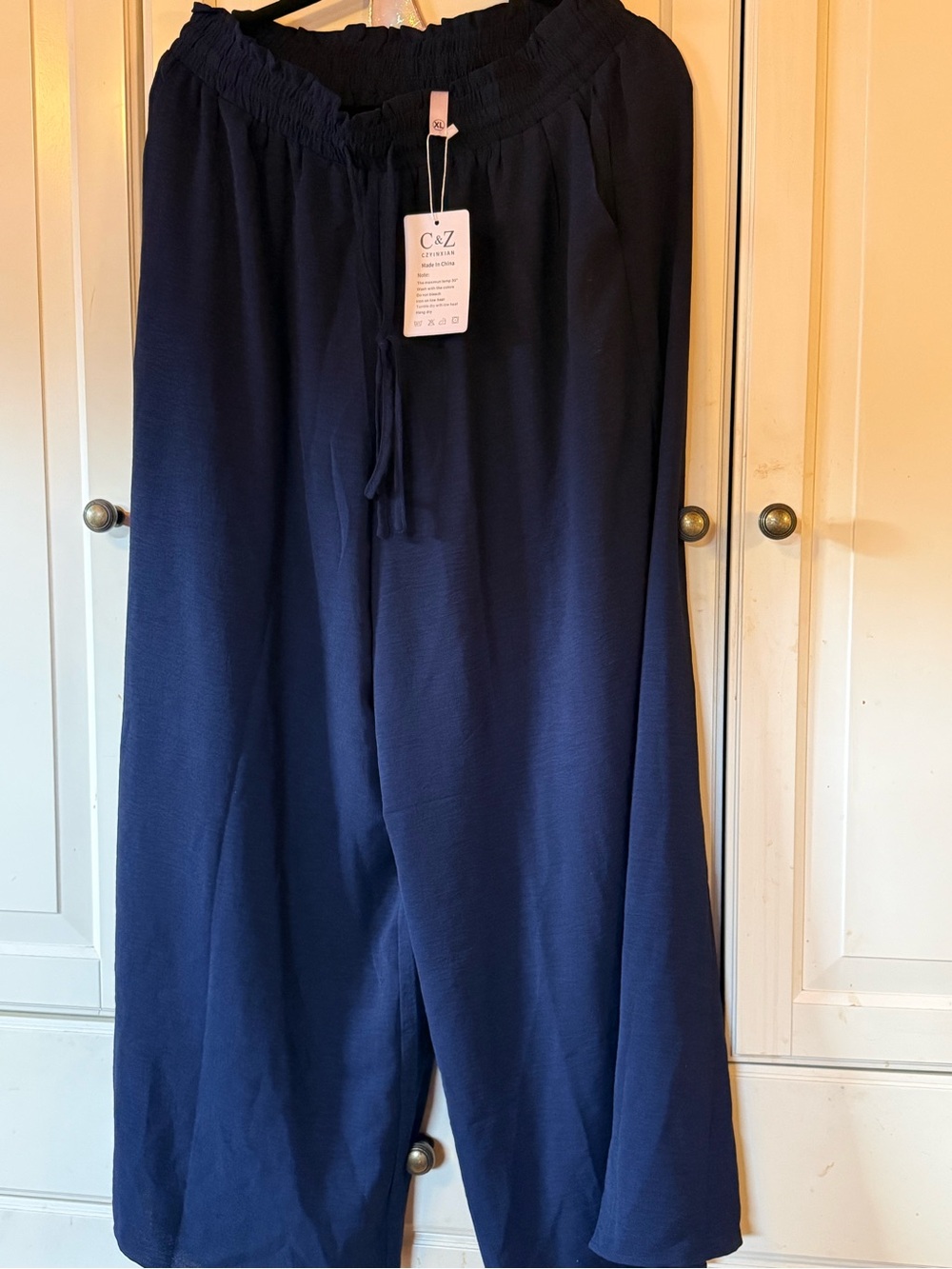 Navy Wide-Leg Pull-On Pants with Elastic Waist